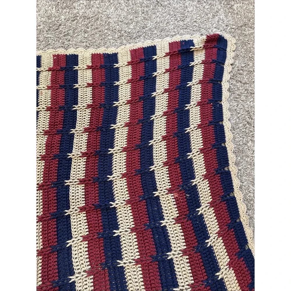 handmade crochet afghan / throw blanket 48x42 Blue Red Cream